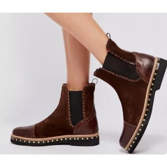 Free People Shoes - Free People Atlas Chelsea Ankle Boot Brown Studded Leather Croc Embossed New 40